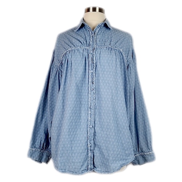 Gimmicks by BKE Boho Denim Chambray Drop Shoulder Oversized Button Up Shirt S - Picture 1 of 10